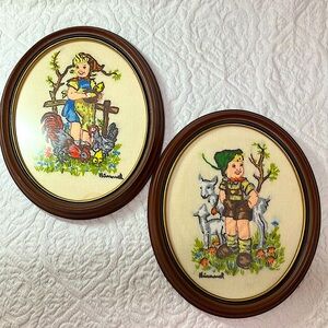 2 Vintage crewel stitched Hummel figures, Farm Girl 8039, Farm Boy 8038, framed